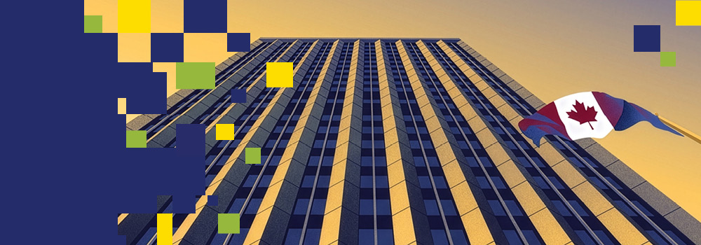 The banner image includes an illustration of an office building. A Canadian flag waves on the right side. Yellow, green, and blue pixelated squares float around, adding a digital or abstract effect.
