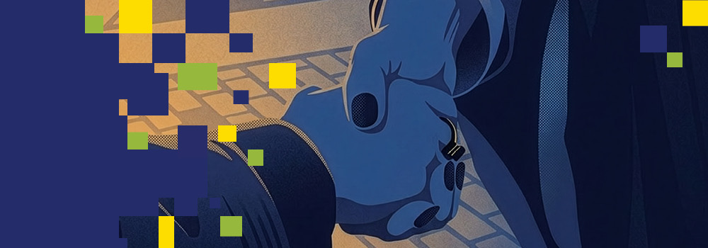 This banner is an illustration showing a close-up of two hands shaking. Yellow, green, and blue pixelated squares float around, adding a digital or abstract effect.