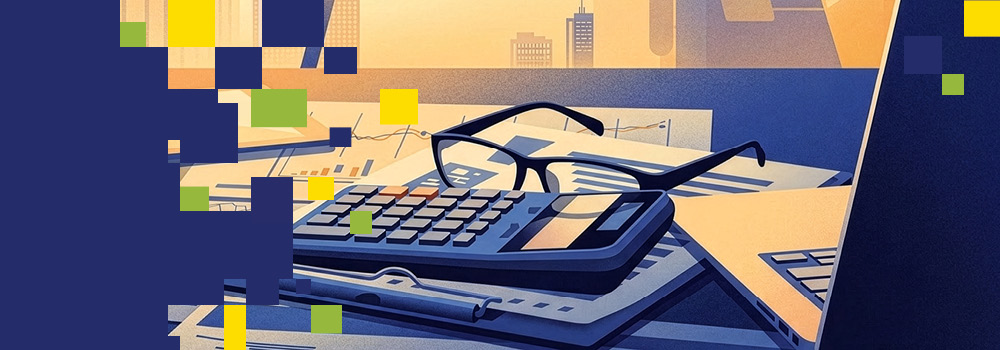 La bannière est une illustration représentant un bureau équipé d’une calculatrice, de lunettes, d’un clavier et de documents, mettant en avant un environnement de travail ou d’étude. Des carrés pixélisés jaunes, verts et bleus flottent tout autour, créant un effet numérique ou abstrait.
